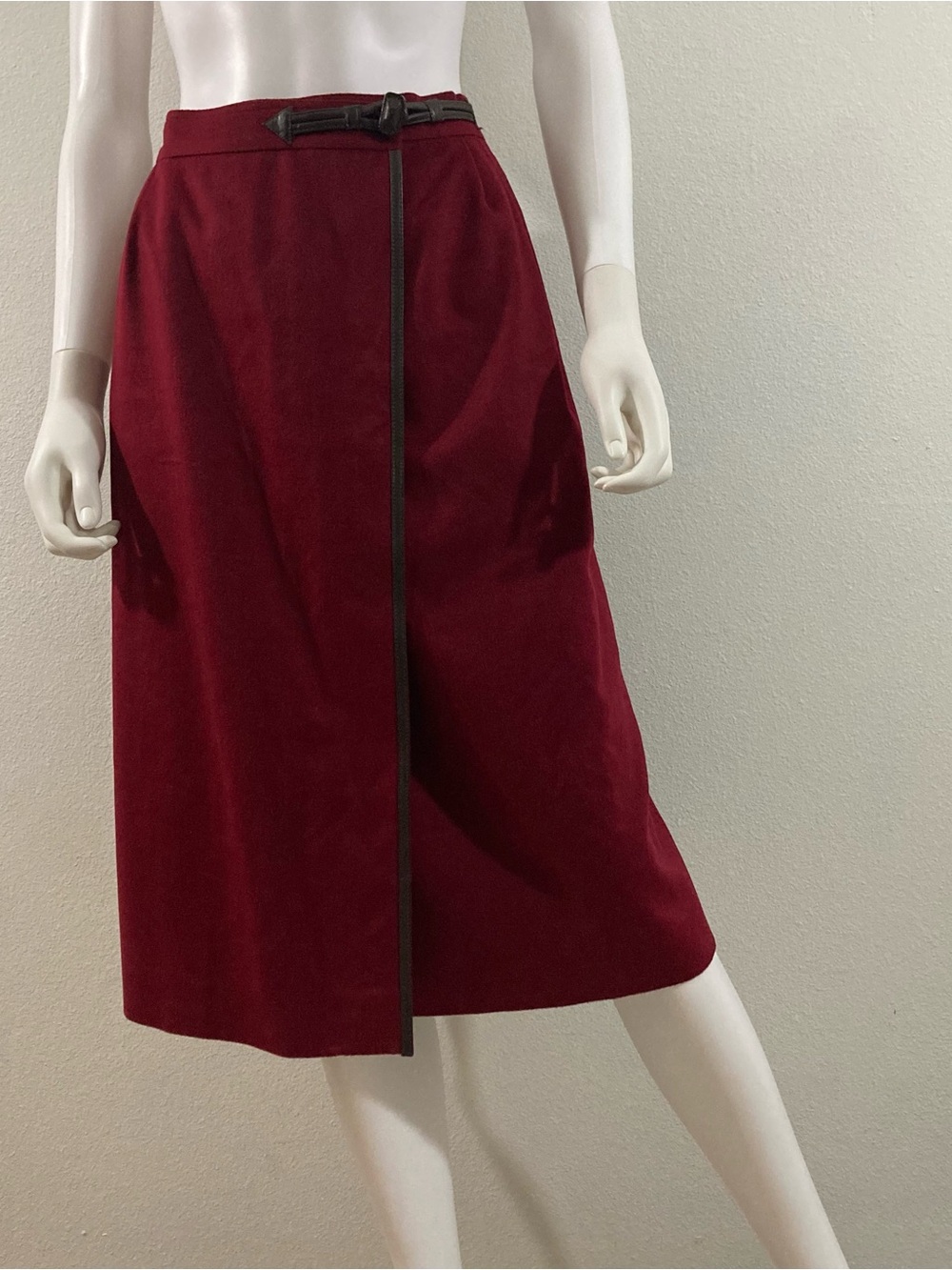 Gucci Vintage Wrap Skirt Leather Trim Wool Cashmere Burgundy Women's Skirt